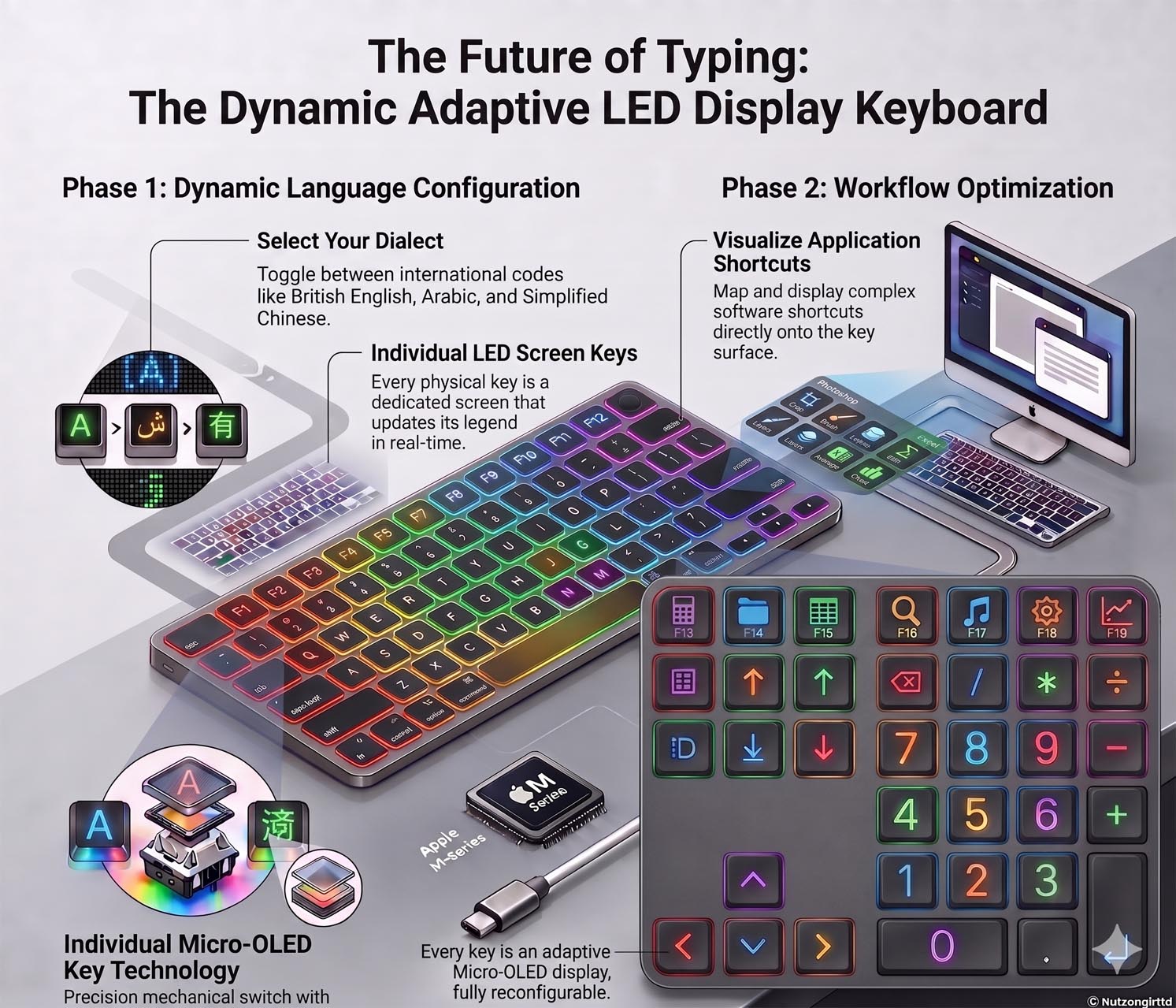 Infographic titled “The Future of Typing: The Dynamic Adaptive LED Display Keyboard.” It presents a keyboard with individually illuminated, color-changing keys. In Phase 1, users select a language or dialect, and each key updates its legend in real time; the keys use individual Micro-LED displays. In Phase 2, keys can show application shortcuts and workflow controls. The image also includes a close-up of the colorful keys and a laptop displaying the adaptive keyboard interface.