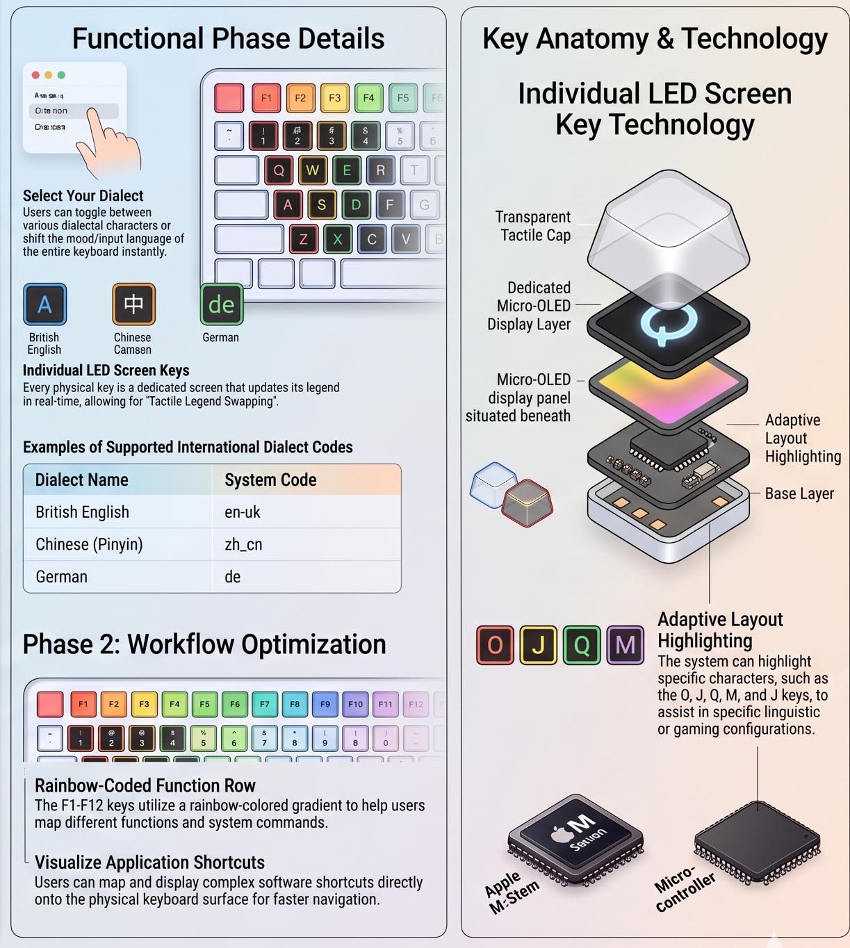 
Infographic detailing an adaptive LED keyboard’s language and technology features. The left panel shows users selecting a dialect—British English, Chinese (Pinyin), or German—and explains that individual screen keys update their legends in real time. A table lists the corresponding system codes: **en-uk**, **zh_cn**, and **de**. The lower section illustrates a rainbow-colored function-key row and shortcuts displayed directly on the keyboard.

The right panel shows an exploded view of a key, including its transparent tactile cap, dedicated Micro-LED display layer, adaptive layout highlighting, and base layer. It also depicts highlighted keys for specific layouts and identifies an Apple M-series chip and a microcontroller.