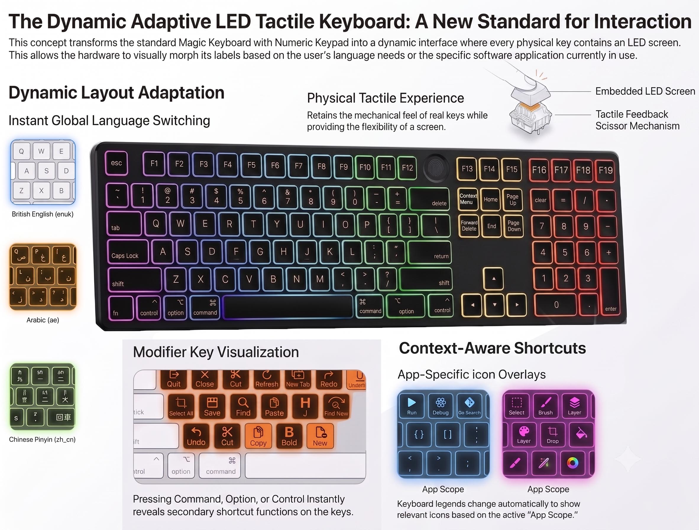 Infographic titled “The Dynamic Adaptive LED Tactile Keyboard: A New Standard for Interaction.” It shows a full-size keyboard with individually illuminated keys in a rainbow gradient, plus smaller examples of different language layouts. The graphic explains instant language switching, tactile feedback from physical keys, and context-aware shortcuts that change for different apps. A close-up demonstrates modifier keys revealing secondary functions, while an exploded key diagram labels its embedded LED screen and tactile feedback mechanism.