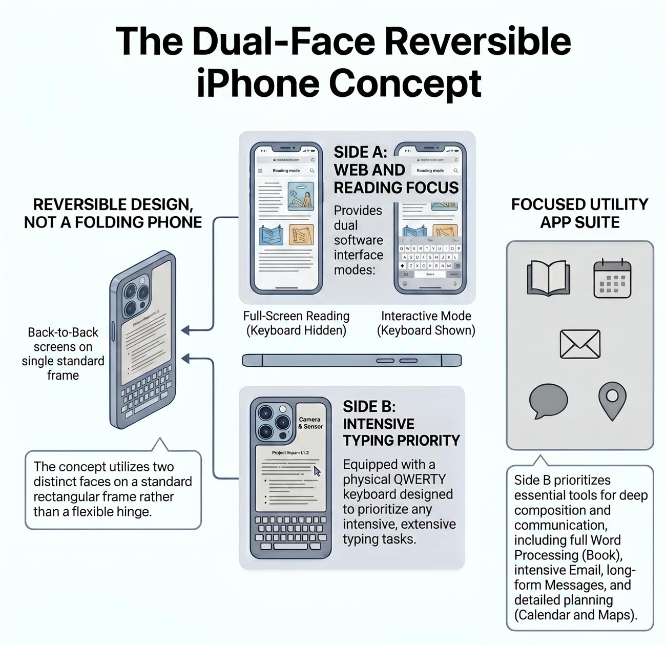 Infographic titled “The Dual-Face Reversible iPhone Concept.” It shows a non-folding phone with two usable faces on one standard rectangular frame. Side A offers a full-screen reading mode and an interactive mode with a keyboard. Side B has a physical QWERTY keyboard for intensive typing. A panel lists productivity apps: books, calendar, email, messaging, and maps.
